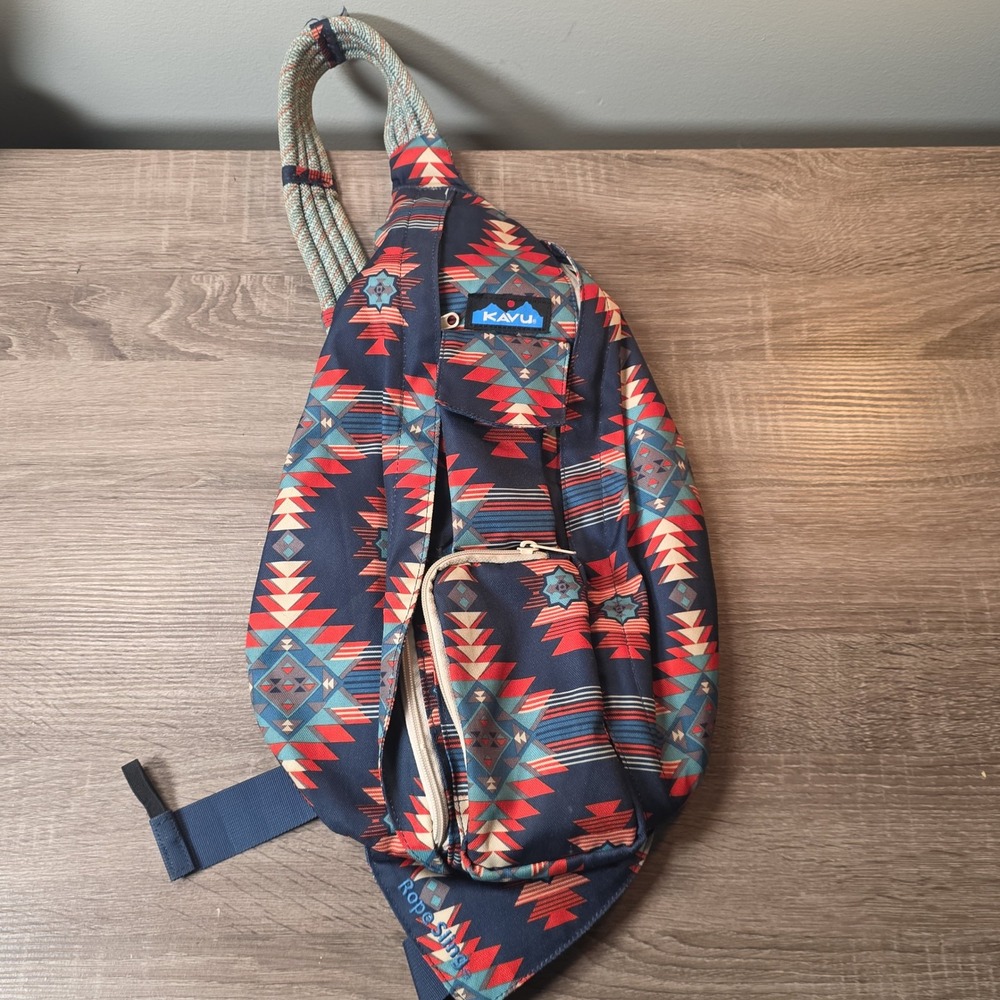 KAVU Rope Sling Bag Southwestern Aztec Geometric Navy Red Crossbody Backpack